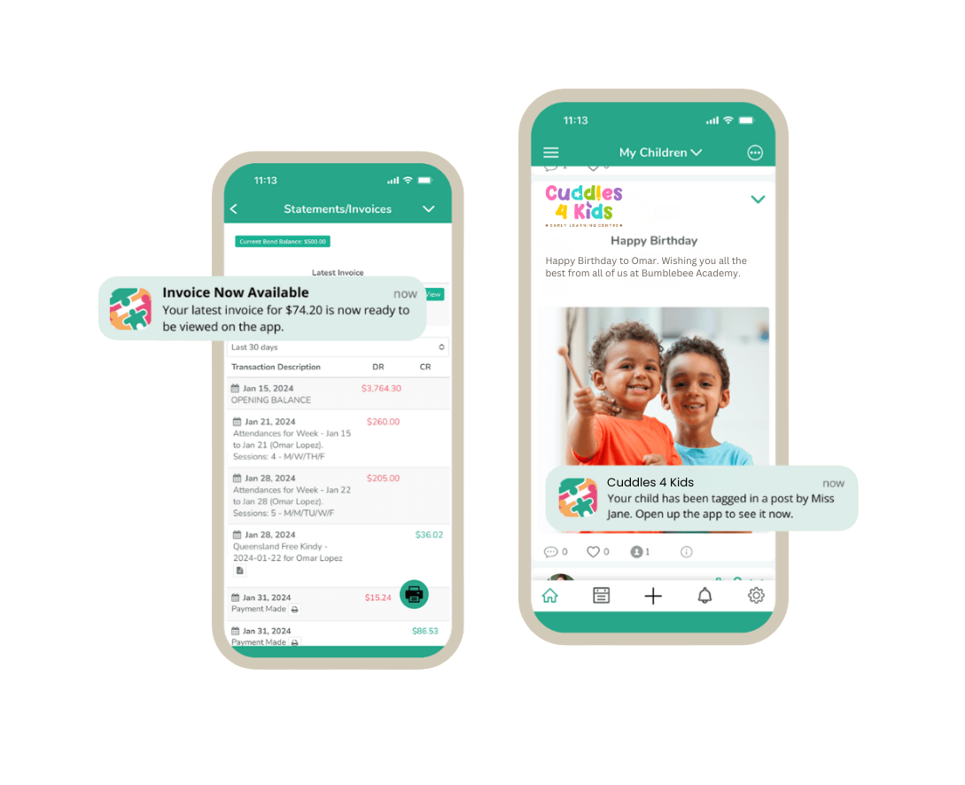 Mobile app preview displays tracking features for nursery meals, parent communication tools, and invoices